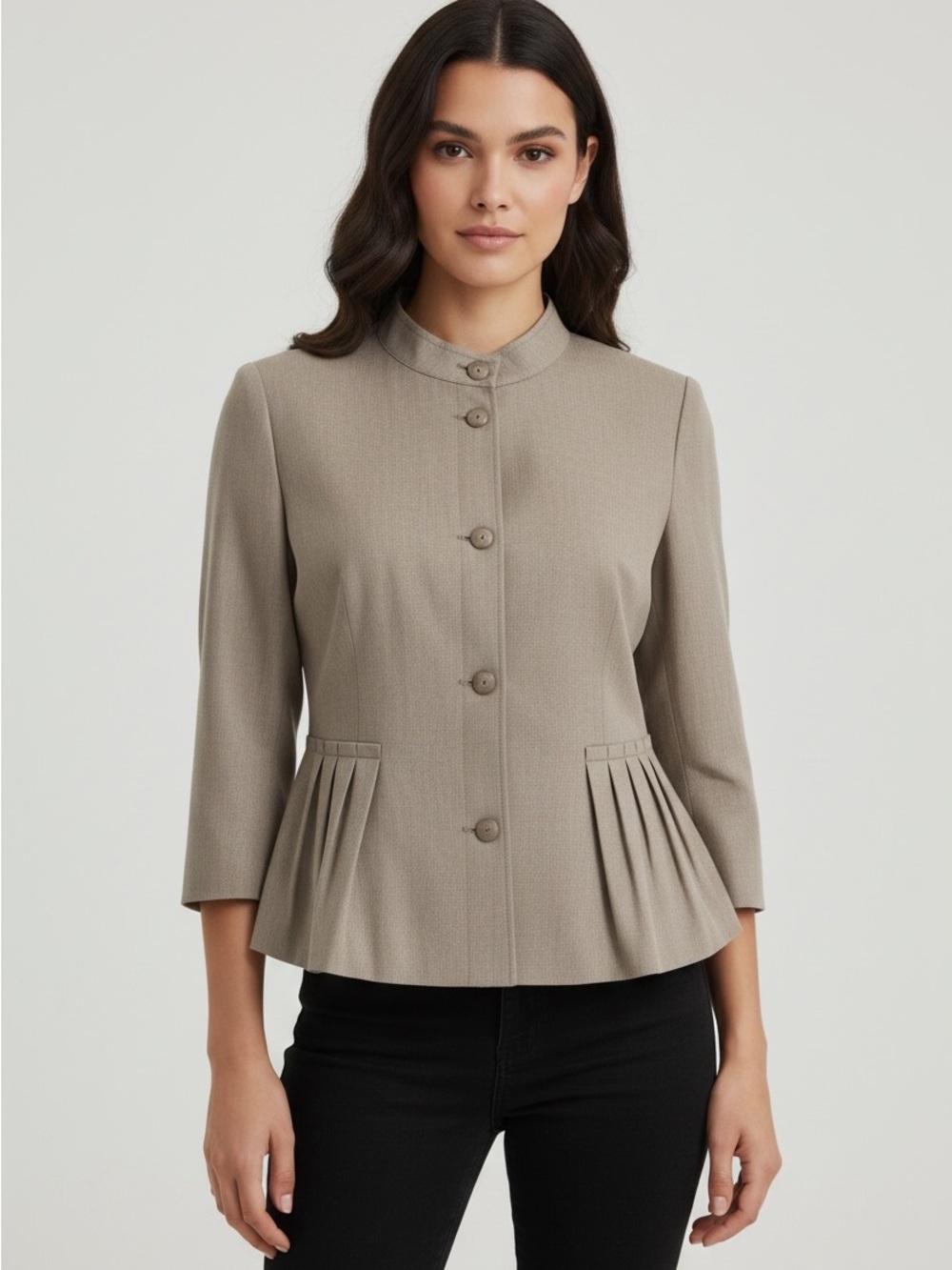 Kenneth Cole Taupe Peplum, Mandarin Collar Women's structured Jacket